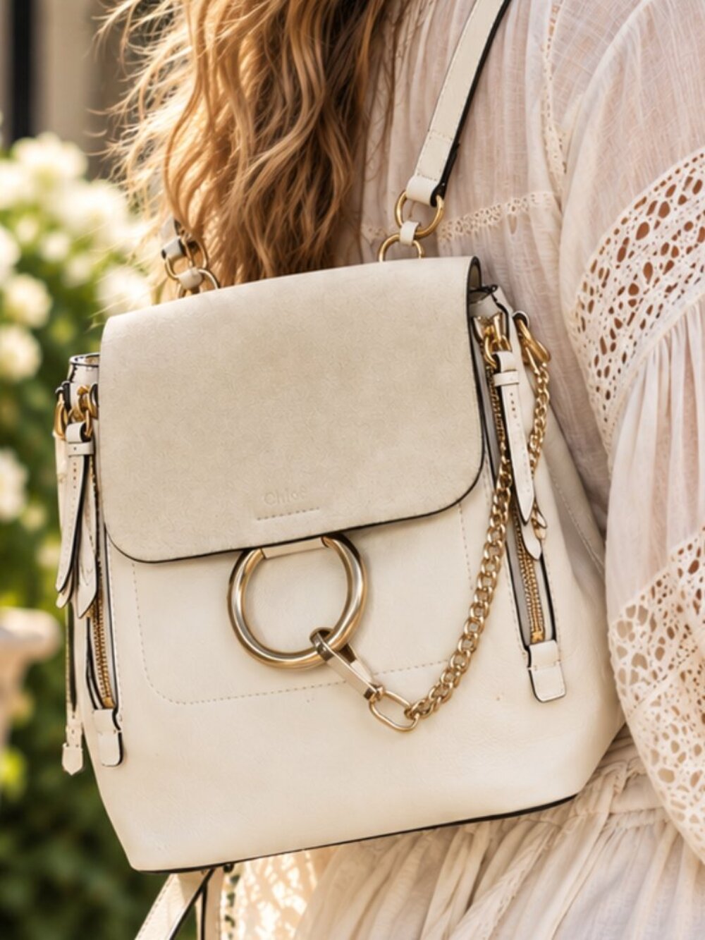 Chloé Faye Off White Suede Leather Ring Chain Convertible Backpack
